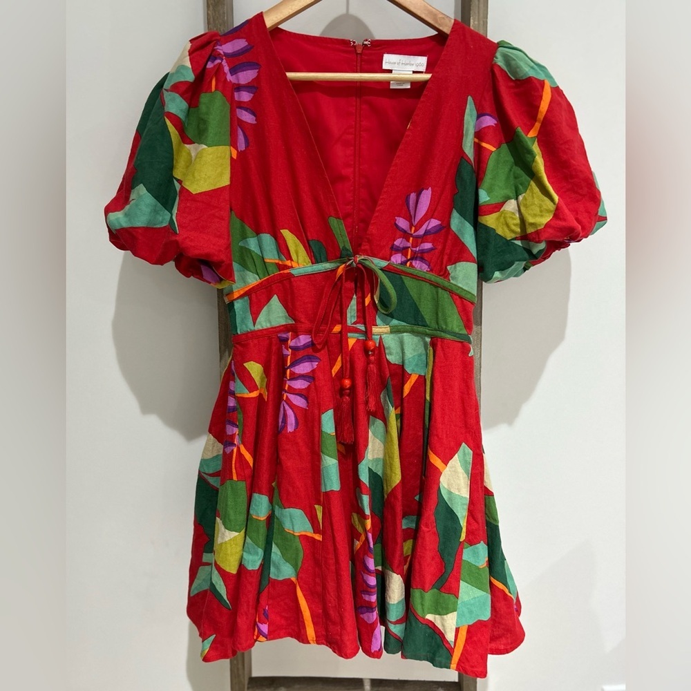 House of Harlow 1960 Red Floral Linen Blend Puff Sleeve Mini Dress Women Size 2